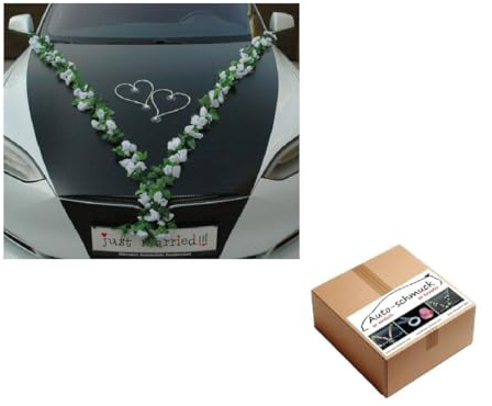 VIP Girlande 30 Azaleen 30 Rosen 18 extrastarken Saugnäpfen 2 x 180 cm Girlande 4 Türgriffdekorationen 2 Rattanherzen Braut Paar Autoschmuck Hochzeit Car Auto Wedding PKW ®Auto-schmuck (Weiß 1)