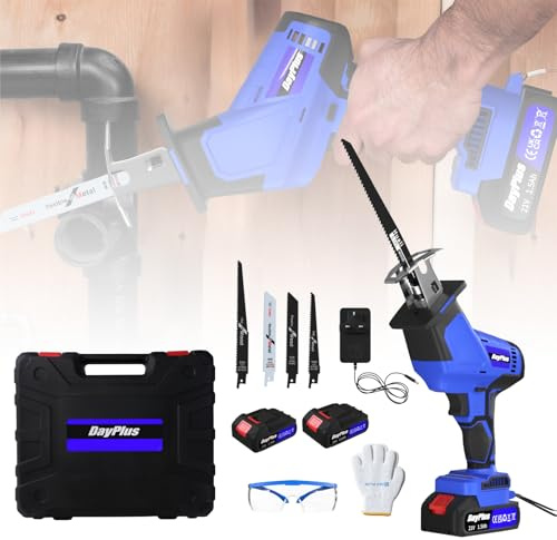 Cordless Reciprocating Saw,21V Brushless Electric Saws,0-3000RPM,Tool-Free Blade Change Electric Sabre Saw with 2 Batteries,4 Saw Blades for PVC/Wood/Metal Cutting,Tree Pruning