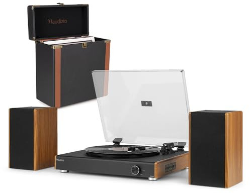 Audizio RP335 Record Player with Speaker Pair, Vinyl Turntable with Bluetooth, Belt-Driven 3 Speeds, 2x 40W Speakers and Vinyl Record Case