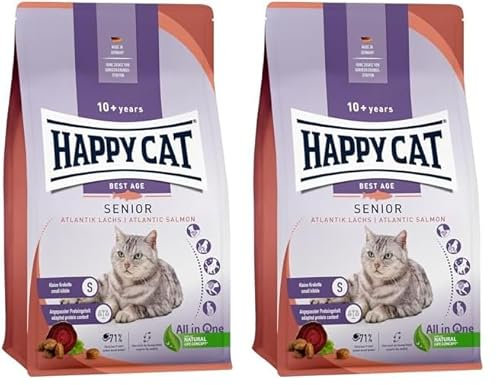 Happy Cat 70610 - Senior Atlantik Lachs - Katzen-Trockenfutter für Katzensenioren ab dem 8. Lebensjahr - 300 g Inhalt (Packung mit 2)