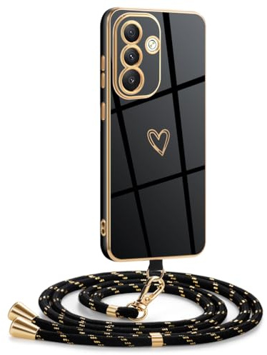 Mkej Coque pour Samsung Galaxy A36 5G avec Cordon de Collier, Coque avec Cordon Motif Coeur d'amour TPU Housse, Collier RéglableTéléphone Portable Lanyard Case Samsung Galaxy A36 5G, Or Noir