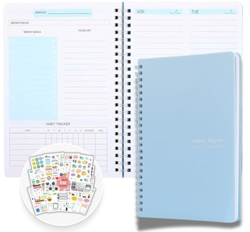 MINIME AND JUST ® Planificador minimalista semanal A5 (21X 15 cm) personalizable con 638 Pegatinas - Organizador Diario con Seguimiento de Hábitos y Metas - 52 Semanas sin Fechas.
