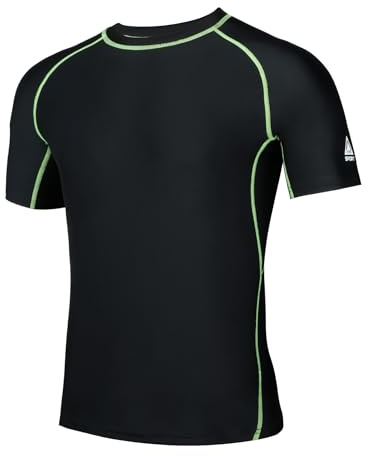 AMZSPORT Rash Guard T-shirt för herr, UPF 50+ UV-skydd, kortärmad T-shirt, snabbtorkande solskyddsväst för simning, surfing, fiske, löpning, 112028-grön svart, L
