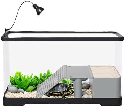 Crevyteg Schildkrötenbecken, Acryl-Schildkröten-Aquarium mit Sonnenplattform, Rampe, Lampe, Reptilien-Terrariums kleines Fischbecken Haustier-Reptilien-Habitat, 40 x 22 x 23 cm
