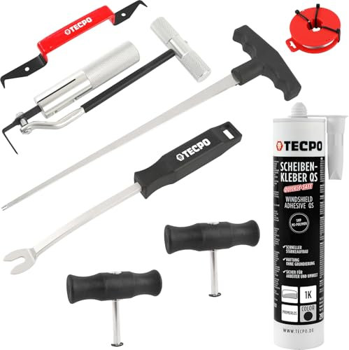 TECPO Scheibenausbauwerkzeug Set 9-teilig, 1x Scheibenkleber 290ml mit Schneidedraht, Durchstehahle, Lösewerkzeug für Windschutzscheibe Reparatur Montage Reparaturset Steinschlag Autoglas Ausbau