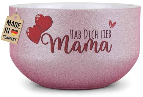 Print Royal PR Glitzer Müslischale mit Spruch - Hab dich lieb Mama - Persönliches Geschenk für Mama zum Muttertag, Geburtstag, Weihnachten - Keramik, Pink 500 ml
