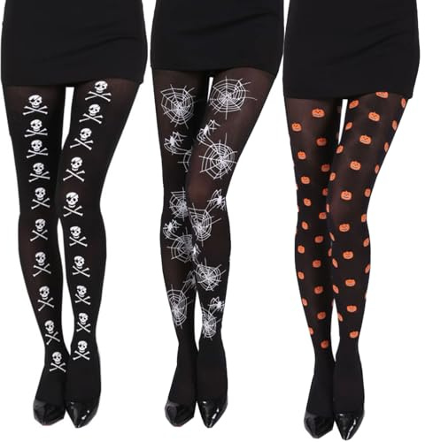 JNAWA 3 Paar Halloween-Strumpfhosen, schwarzer Kürbis, Totenkopf, Spinnennetz-Strumpfhosen, Erwachsene, Halloween-Kostüm, Zubehör für Damen