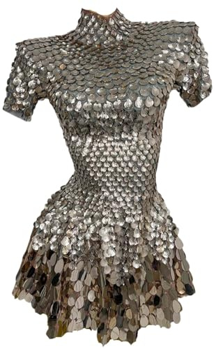 LuuMingCM Glitter Sequin Latin Dress Show Stage Wear for Women Party Celebrate Birthday Short A-line Dress Sexy Nightclub Performance Dance Costumes Silver