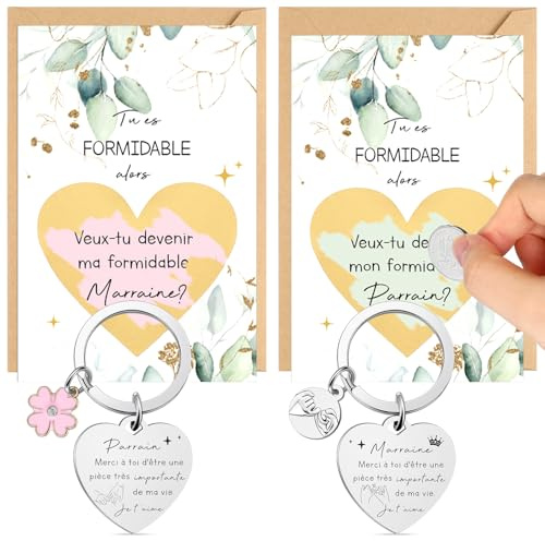 Jadive Set de Cadeau pour Marraine Parrain 2 Porte-Clé 2 Carte, Eucalyptus | 2 Cartes à Gratter, Demande Marraine, 2 Autocollants à Gratter, 2 Enveloppes, Annonce Baptême, Noël, Naissance