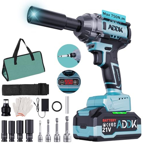 Clé à Chocs Sans Fil 21V Brushless, Couple Maximal 750 Nm, Batterie 4000mAh Li-Ion avec Chargeur rapide, Clé à Chocs Électrique, Moteur Brushless, Idéale pour l’Automobile et le Bricolage, Bleu