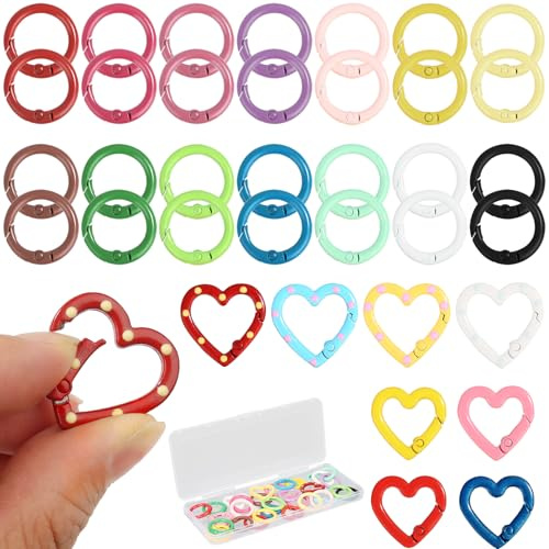 Mini Karabiner Set, 36 Stück (28 Karabiner Rund + 8 Herz), Karabinerhaken Klein Bunt in 14 Farben mit Aufbewahrungsbox, für Schlüsselbund, Rucksack, DIY Bastelarbeiten