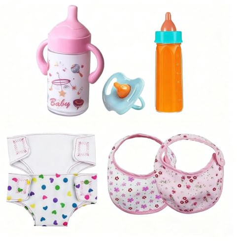 7 Pcs Baby Doll Accessories Set Include Disappearing Milk and Juice Bottles, Set, Doll Feeding Bibs, Diapers,Baby Pacifier,