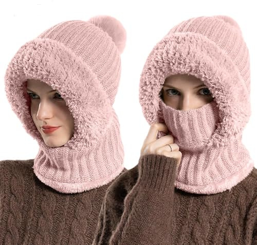 HUALONG 3-In-1 Schalmütze Damen Mütze Mit Schal Damen Balaclava Thermo Fleece Sturmhaube Strickmütze Winddichter Nackenwärmer Kapuzenschal für Radfahrer, für Täglich und im Freien