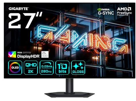 GIGABYTE MO27Q28GR Monitor Gaming WOLED Brillante 27” QHD - 2560 x 1440, 280Hz, 0.03ms, 335 CD/m², Display HDR True Black 500, HDMI 2.1, DisplayPort 1.4