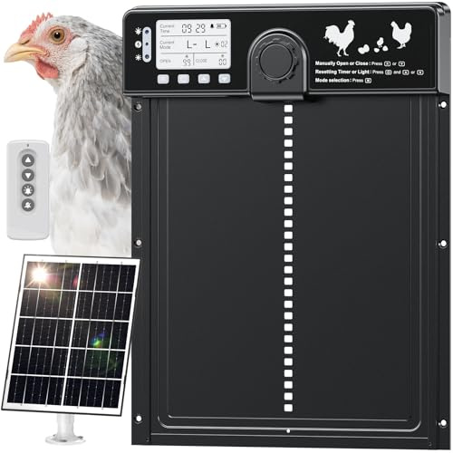 CHAMUTY Große Automatische Hühnerklappe Solar, Aluminum Elektrische Hühnerklappe Automatisch mit Lichtsensor, Zeitschaltuhr, LCD Display, 15M Fernbedienung, Intelligenter Einklemmschutz und Alarm