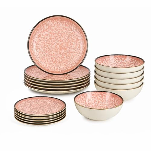 Ma Maison Servizio Piatti da 18 Pezzi in Porcellana - per 6 Persone, Stile Astratto, Piatto Piano, Fondo, Dessert, Adatto a Microonde, Lavastoviglie, Ristorante, Cucina, Versatile - Colore (Rosa)