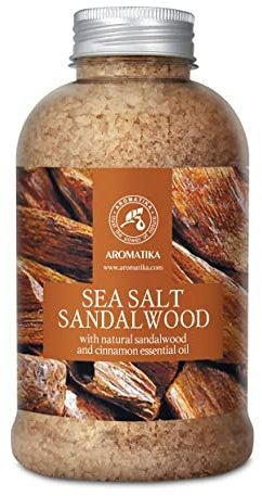 Sels de Bain Bois de Santal 600g avec Huile Essentielle de Bois de Santal et Cannelle Naturel - Sel de Mer - Idéal pour Bain - Bon sommeil - Relaxant - Soin du Corps - Beauté