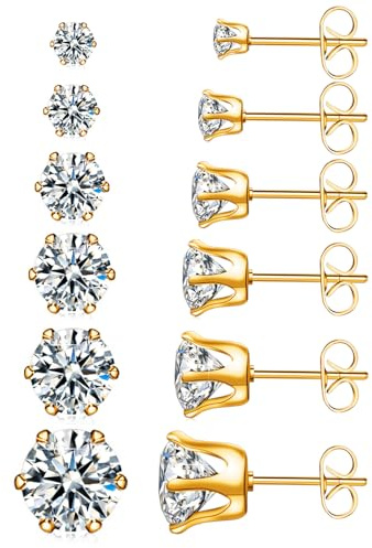 6 Pairs Hypoallergenic Stainless Steel Stud Earrings Cubic Zirconia Earrings Set 14K Gold Plated Multipack 3-8mm