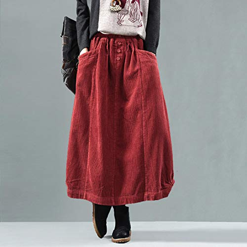 Chyuan Kilt Falda Escocesa Otoño Invierno Falda De Pana Mujeres Vintage Midi Faldas Largas Mujer Cintura Elástica A-Line Falda Plisada Talla Grande Talla Única,Rojo