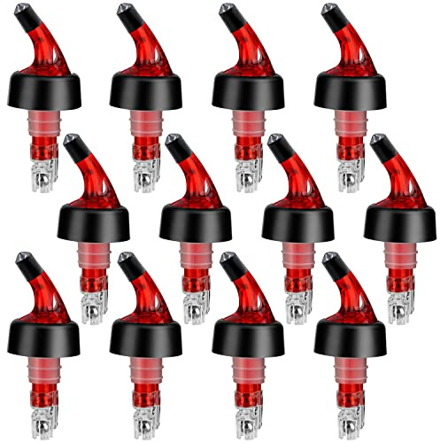 NFFIBDH Automatic Measured Bottle Pourer - Quick Shot Spirit Liquor Pour Spouts with Dust Caps for Wine Cocktail Beverages - Ideal Home Bar Tools 1.5 oz / 45ml (Red, 12 Pack)