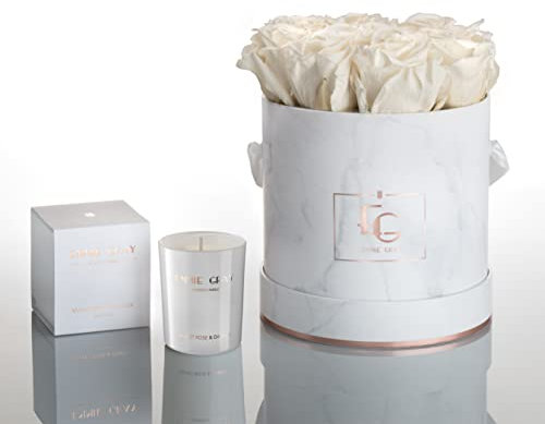 ROSE GOLD GLAM SET - Infinity Rosen in Pure White in Marmor Rosegold Rosenbox, Flowerbox Größe S mit Duftkerze, Das perfekte Geschenk, 1-3 Jahre haltbare Rosen