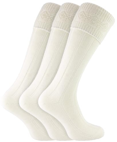3 Pairs Mens Knee High Kilt Socks | Sock Snob | Warm Long Ribbed Wool Socks (6-11, Cream)