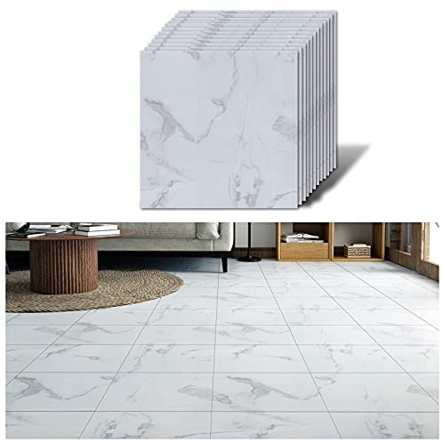 VEELIKE Rivestimento per pavimento in PVC, autoadesivo, effetto marmo, bianco, impermeabile, per piastrelle, per pavimento, cucina, bagno, soggiorno, piastrelle, 30 cm x 30 cm, 12 pezzi