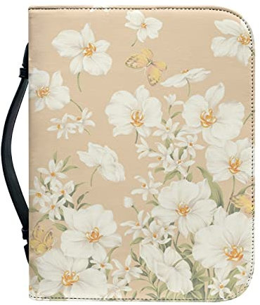 Kuiaobaty weiße Blumen Bibel Abdeckungen für Frauen, Reißverschluss staubdichte Bibel Tasche, Schmetterling Blumen Buch Ärmel Abdeckung große Größe, Weizen