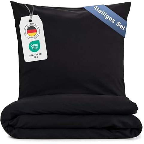 Blumtal Bettwäsche 2X 135x200cm + 2X 80x80cm Kopfkissenbezug - Oeko-TEX zert. Mikrofaser Bettwäsche Set - Mikrofaser Bettbezug - Deckenbezug + Kissenbezug 4-teilig - Sommerbettwäsche Schwarz