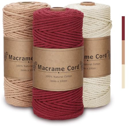 VORHOT Filo Morbido 3mm Set di Macrame Corda Rosso, Naturale, per Arazzi, Appendini per Piante, Artigianato Fai da Te, Decorazioni Boho, Confezioni Regalo