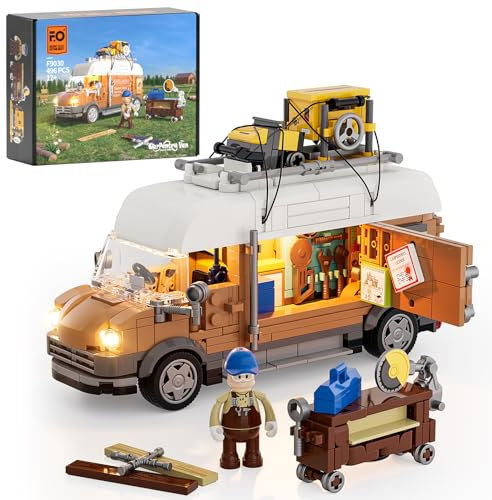 FUNWHOLE Schreinerwagen Beleuchtung Baukasten - Bauernholzarbeiter Technik Auto Sammlerstück Display Set 496 Teile für Erwachsene und Teenager