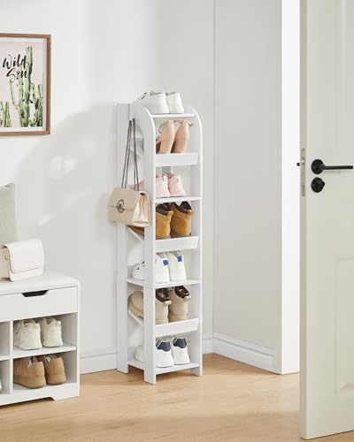 Hzuaneri Scarpiera Verticale, Scarpiera Stretta a 7 Livelli, Scaffale Portascarpe, con Ganci, 29 × 25 ×116 cm, Organizzatore di Scarpe in Legno per Ingresso, Soggiorno, Bianco SR12303X