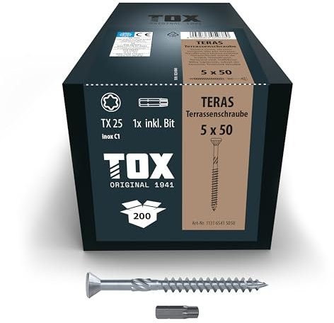 TOX Terrassenschrauben TERAS 5,0 x 50 mm, Schrauben mit Zierkopf für formschönes Flächenbild, witterungsbeständig durch Edelstahl C1, TX25, 200 Stück im Karton, inkl. 1x Bit, 113165415050