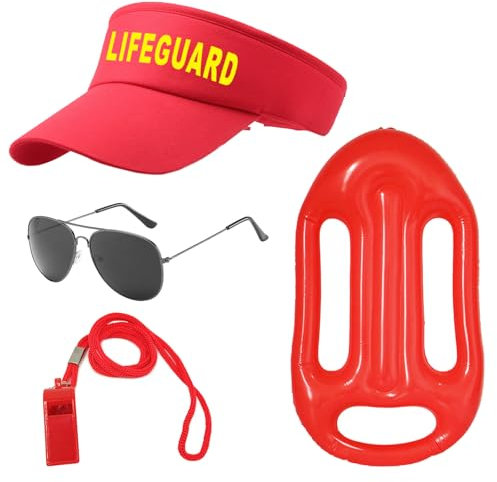 UILYNIU 4 Pièces Costume de Sauveteur Homme Femme Accessoires Sauveteur Casquette Visière Sifflet Lunettes de Soleil Bouée de Sauvetage, Deguisement de Plage per Adultes Halloween Carnaval (4PCS)