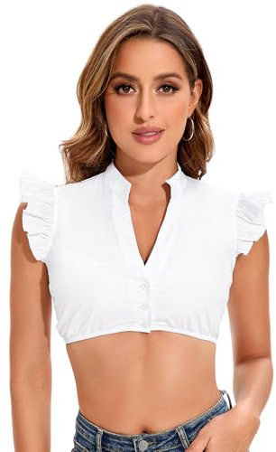Gozozzy Dirndl Blouse for Women, Cap Sleeves with V-Neck Traditional Oktoberfest Dirndl Blouse, White, 8