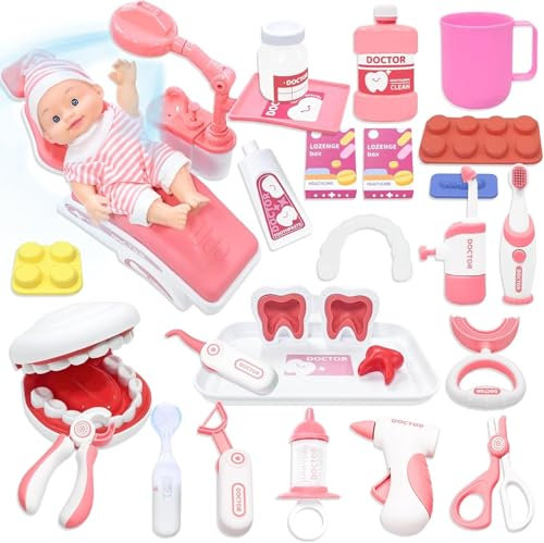 VBACALA 29 CPS Zahnarzt Spielzeug Kinder,Arztkoffer Kinders,Arztkoffer Kinder ab 3 Jahre,Doktorspiele Rollenspiel Spielzeug Set,Jungen und Mädchen （Rosa）