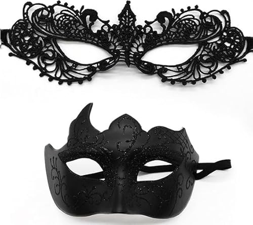 YUNHENTONG Venezianische Maske Herren Damen 2 Stück Maskenball Masquerade Mask Masken Kostüm Schwarz/Gold/Silber Spitzenmaske Maske Venezianisch Augenmaske Karneval Maske Fasching