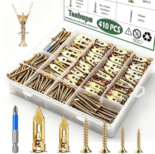 Tanbupu 410pcs Self-Drywall Drilling Anchors, 2 Sizes Wall Anchors and 4 Sizes Screws, 2025 Upgraded Zinc Plated Steel Dry Wall Screws no Drilling Required Easy Application
