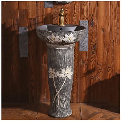 GLJTUO Pedestal Sink Handcrafted Ceramic wash Basin Pedestal washbasin, Kaolin Clay Pedestal Sink Round Freestanding Sink for Indoor and Outdoor,G, (D With mirror)