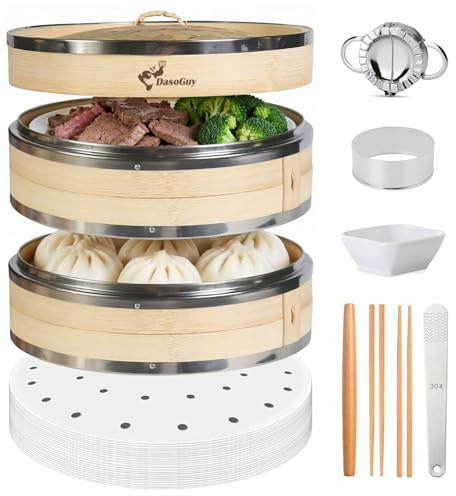 Bamboo Steamer Basket, Stainless Steel Reinforced Rim, 12-Inch 2-Tier Steamer for Cooking, 50 Liners Chopsticks Sauce Dish Dumpling Makers, Steaming Asian Food Bao Buns Dim Sum Rice Veggies Steam Pot