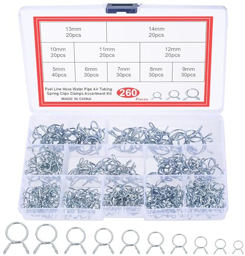 260 pinces à ressort en acier zingué bleu, colliers pour tuyaux d'essence, d'air et d'eau - 5/6/7/8/9/10/11/12/13/14 mm