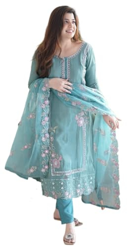 ONPEAK Traditional Ethnic Wear 3 Pc salwar suit for women partywear wedding indian festive outfit, Sky Blue, L