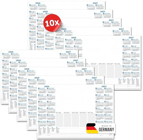 PRIMUS PRINT Schreibtischunterlage Papier DIN A2-2026 & 2027 Jahreskalender - 80g Dickes Naturpapier - Stabiler Papprücken - 25 Blatt - mit Schutzleiste - Büro und Homeoffice [10er Set]