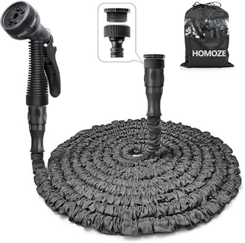 HOMOZE 100ft Garden Hose Pipe Expandable Garden Hose with 3/4, 1/2 Fittings, Anti-Leakage - Flexible Expanding Hose with 7 Function Spray Nozzle (100FT, Black)