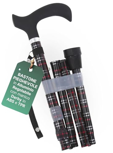 REMEDIA ONE - Bastone per Anziani Pieghevole in Alluminio Anodizzato con Impugnatura Derby Morbida, Bastone da Passeggio Regolabile H. 83-95 cm - Tartan