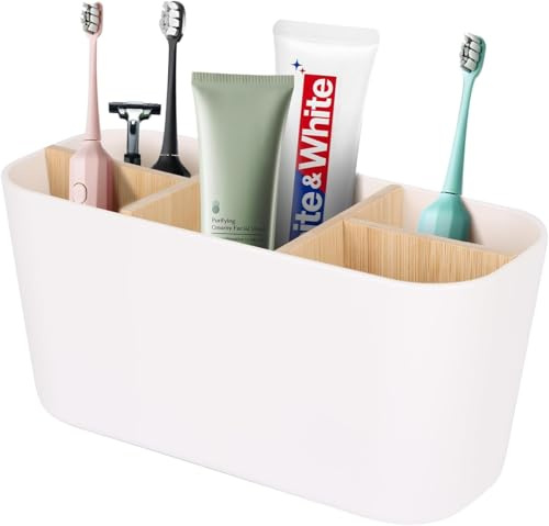 Neuytiky Porte-Brosse à Dents électrique en Bambou - Support 5 avec séparateurs Amovibles | Organisateur Salle de Bain Anti-moisissure | pour brosses à Dents manuelles/électriques (Blanc)