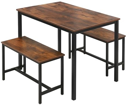 Set Tavolo da Pranzo Relaxdays, 2 panche, Tavolo HLP 75 x 110 x 60 cm, Panca HLP 50 x 30 cm, Marrone/Nero