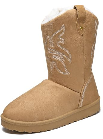 JSWEI Ladies Winter Boots Outdoor Fur Lined Keep Warm Non-Slip Western Vibes Embroidered Bohemia Shoes Easy On/Off Mid Snow Calf Boots Camel UK 8.5