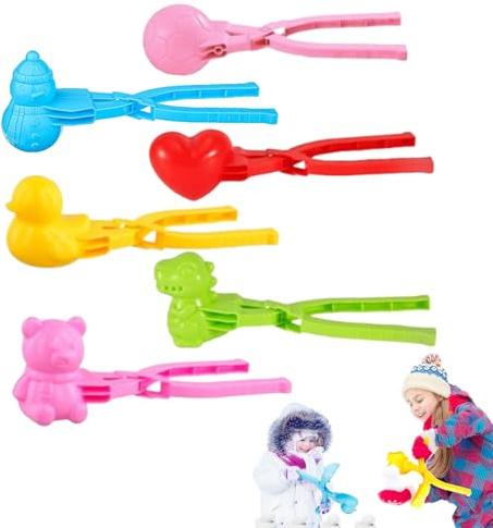 Schneeballzange 6er Set, Schneeball Former mit Griff in Form von Herz, Ente, Schneemann, Dinosaurier, Fußball und Bär, Winter Outdoor Schnee Spielzeug Schneeballformer für Kinder & Erwachsene (A)