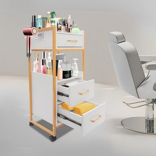 Carrello da portata con ruote, porta asciugacapelli, 3 cassetti e 2 ripiani aperti, carrello da parrucchiere, carrello cosmetico portatile, carrello per spa, carrello tatuaggio, 36 x 32 x 87 cm